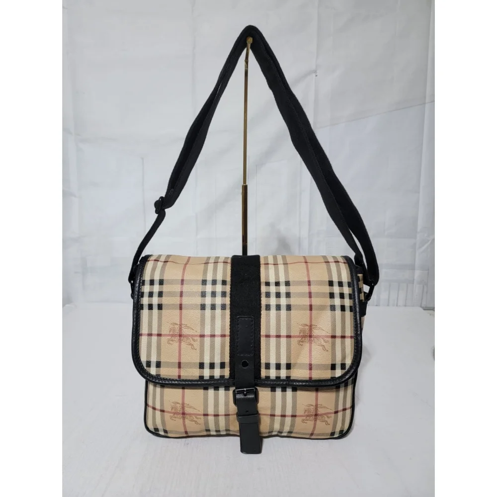 Authentic Burberry Flat Buckle Messenger Bag Haymarket Coated Canvas